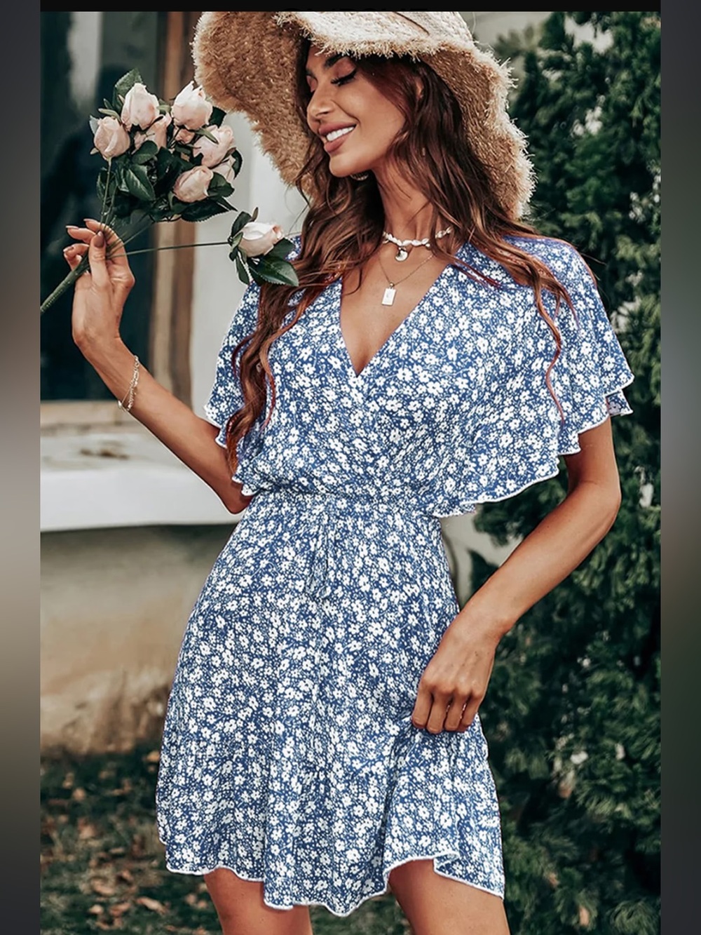 Cupshe Blue Ditsy Floral V-Neck Flutter Maxi Dress